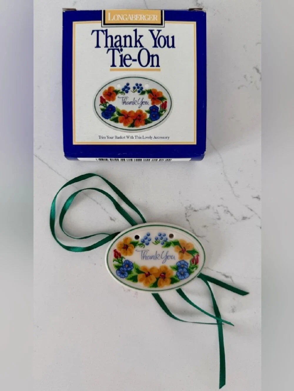 Longaberger Floral 'Thank You' Ceramic Pendant with Green Ribbon